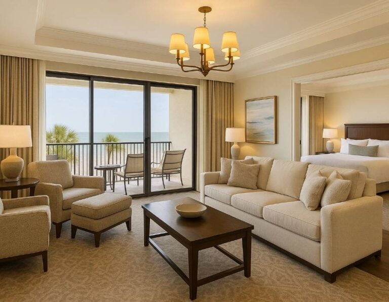 Luxury beachfront timeshare unit with ocean view balcony, modern living room, and connected bedroom.